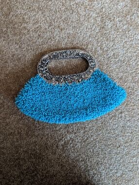 Vintage Cache Blue Beaded Handbag with Ornate Silver Handle